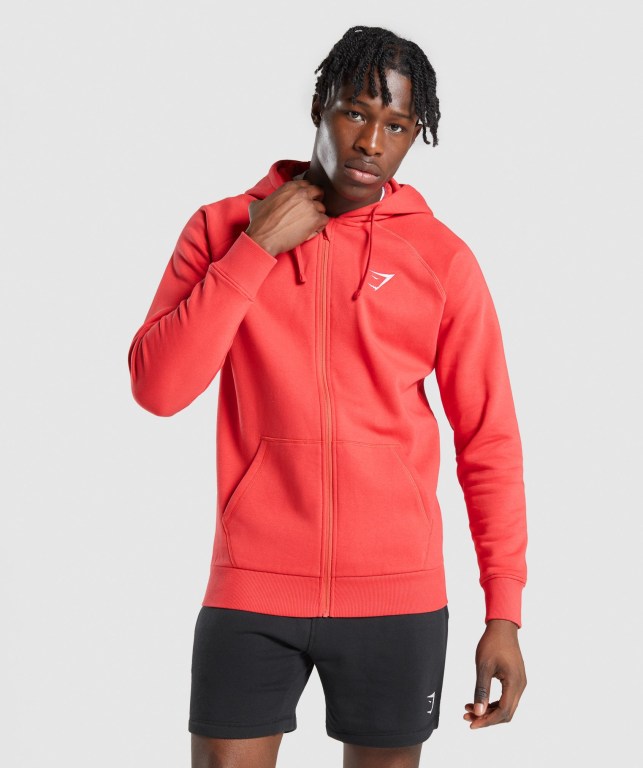 Gymshark Crest Zip Up Men\'s Hoodies Red | UAE-25ABGW