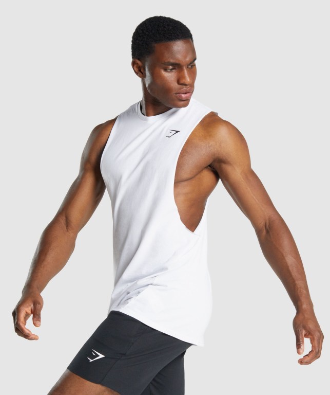 Gymshark Critical 2.0 Drop Arm Men's Tank Tops White | UAE-86NDOM