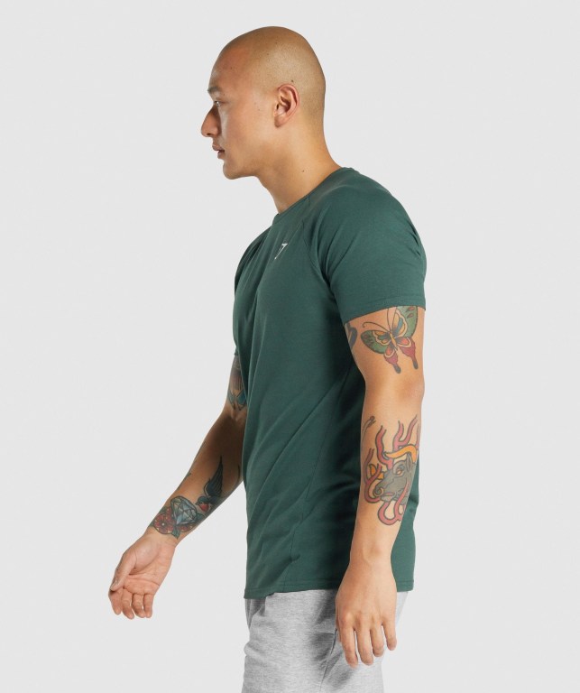 Gymshark Critical 2.0 Men's T Shirts Dark Green | UAE-35QZIE