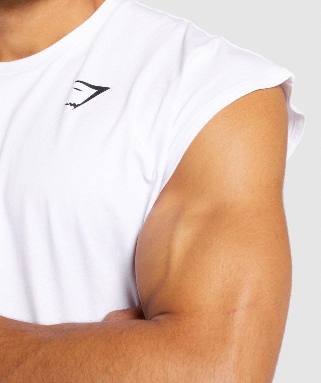 Gymshark Critical Cut Off Sleeveless Men's Tank Tops White | UAE-25VSYI