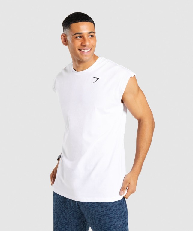 Gymshark Critical Cut Off Sleeveless Men\'s Tank Tops White | UAE-25VSYI