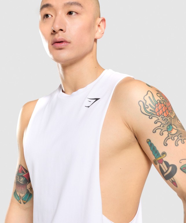 Gymshark Critical Drop Arm Men's Tank Tops White | UAE-98VQNF