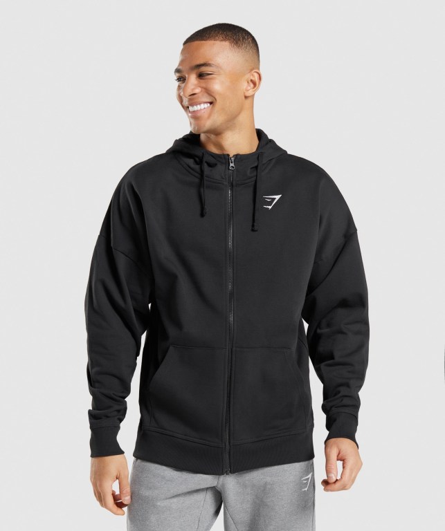 Gymshark Essential Oversized Zip Up Men\'s Hoodies Black | UAE-02OTMW