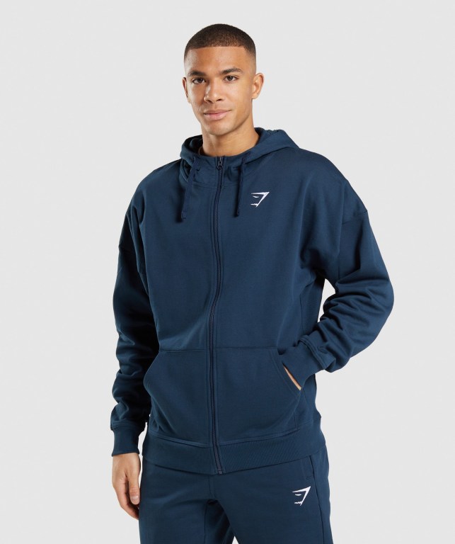 Gymshark Essential Oversized Zip Up Men\'s Hoodies Navy | UAE-14SVAG