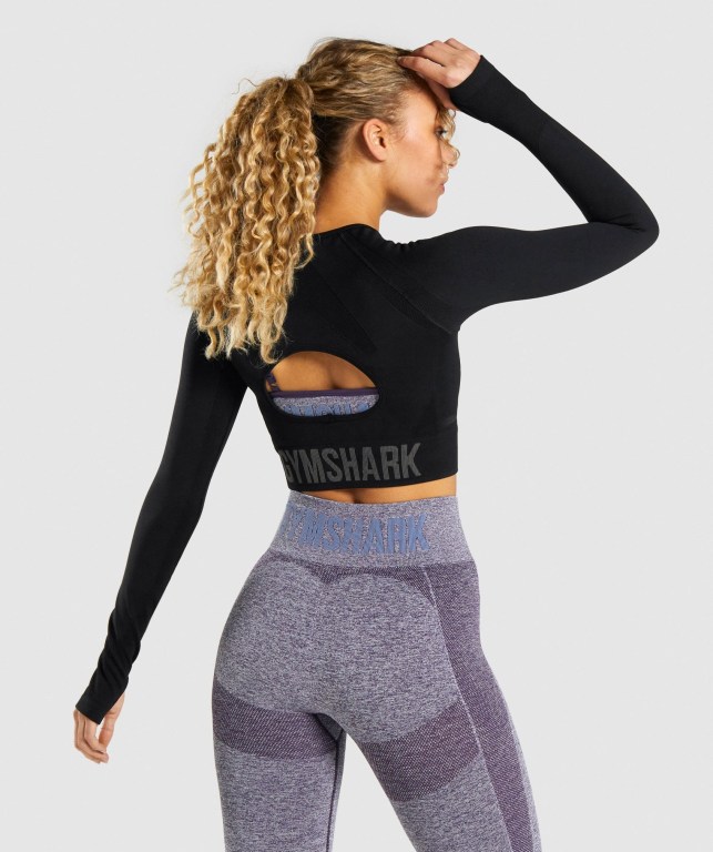 Gymshark Flex Sports Crop Top Women's Sweatshirts Black / Grey | UAE-42UJRM