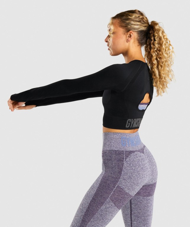 Gymshark Flex Sports Crop Top Women's Sweatshirts Black / Grey | UAE-42UJRM