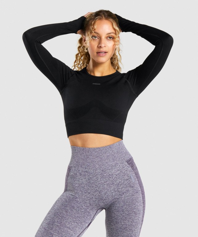 Gymshark Flex Sports Crop Top Women\'s Sweatshirts Black / Grey | UAE-42UJRM