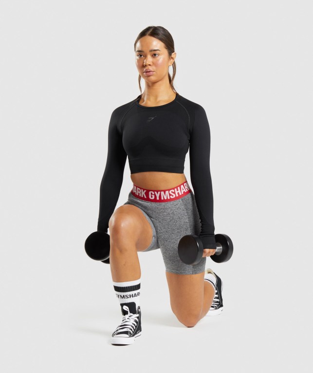 Gymshark Flex Sports Crop Top Women's Sweatshirts Black | UAE-73DMGF