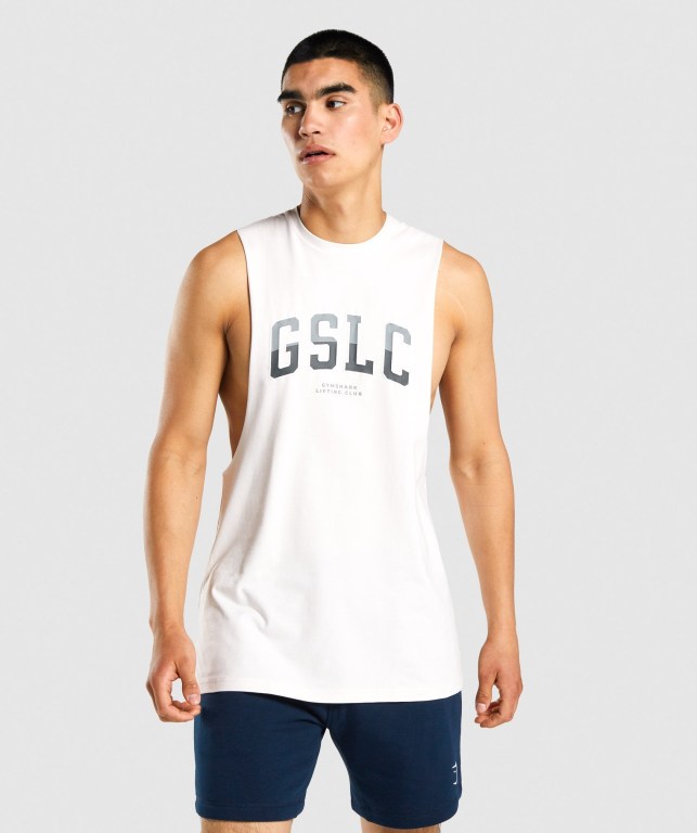 Gymshark GSLC Collegiate Drop Arm Men\'s Tank Tops Cream | UAE-24FHIM