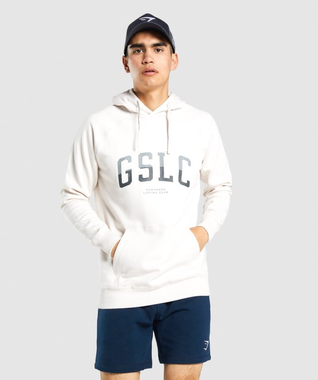 Gymshark GSLC Collegiate Men\'s Hoodies Cream | UAE-59BVKN