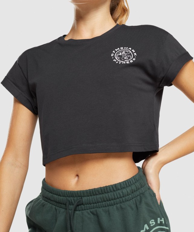 Gymshark Legacy Graphic Crop Women's T Shirts Black | UAE-13GPXA