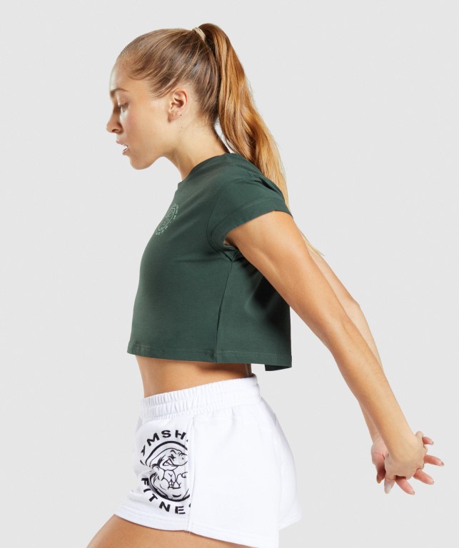 Gymshark Legacy Graphic Crop Women's T Shirts Dark Green | UAE-37KEHI