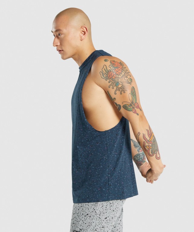 Gymshark Micro Print Drop Arm Men's Tank Tops Navy | UAE-37DYSZ