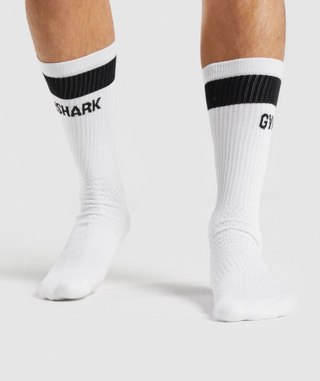 Gymshark Premium Logo 1pk Men's Socks White | UAE-69QMFS