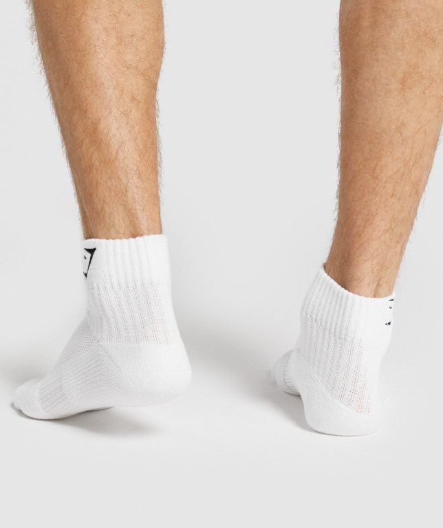 Gymshark Sharkhead Embroidered Quarter 2pk Men's Socks White | UAE-35ZJWQ