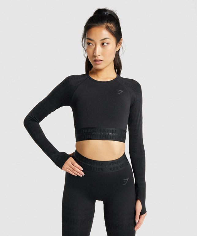 Gymshark Vision Crop Top Women\'s Sweatshirts Black | UAE-48JKRA