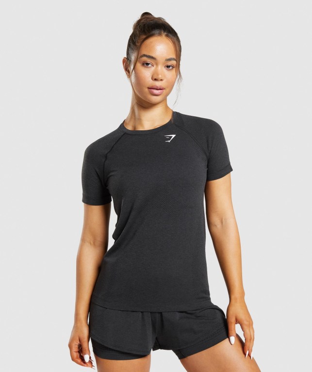 Gymshark Vital Seamless 2.0 Light Women\'s T Shirts Black | UAE-54LSHJ