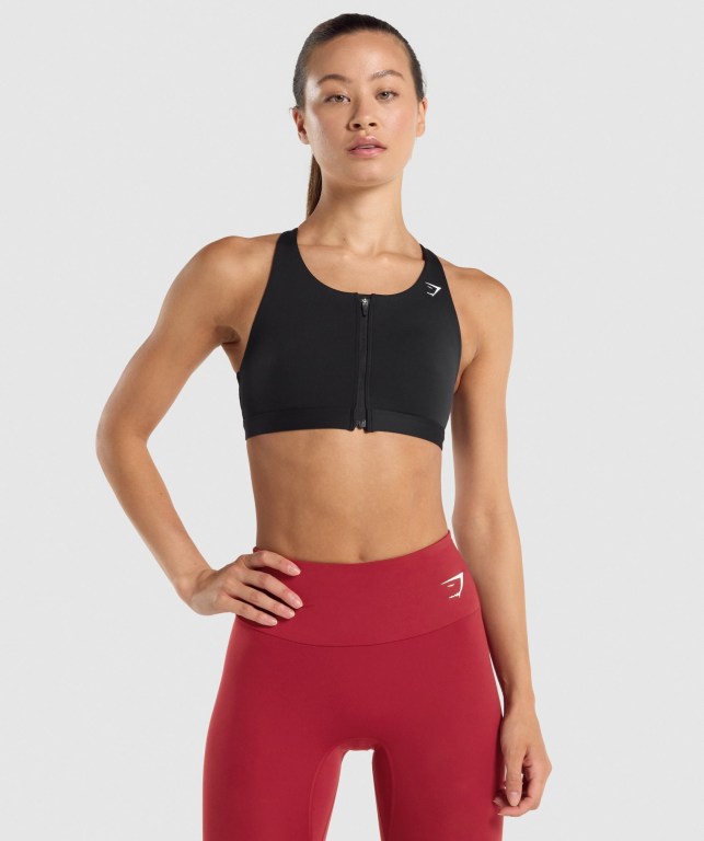 Gymshark Zip Up Training Women\'s Sports Bra Black | UAE-20SNOI